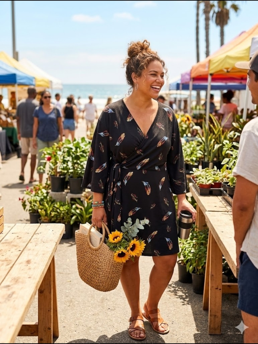 Black Feather Print Wrap Dress